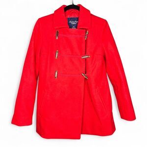American Eagle Outfitters Wool Double Breasted Red Pea Coat with Toggle Buttons